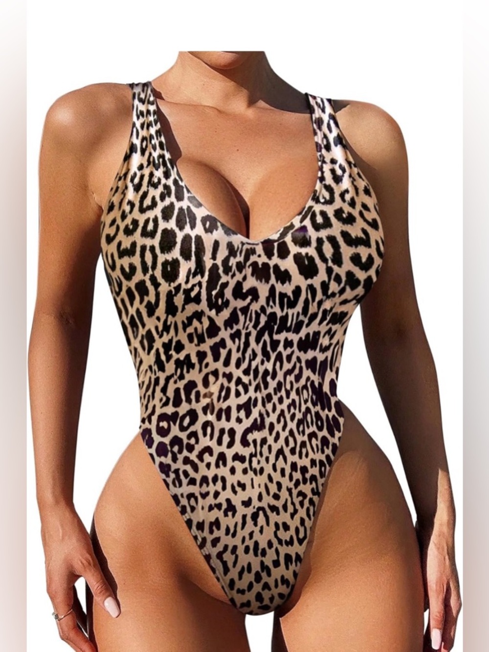 Leopard Print One Piece Swimsuit High Cut Thong Backless V-Neck NWOT XS